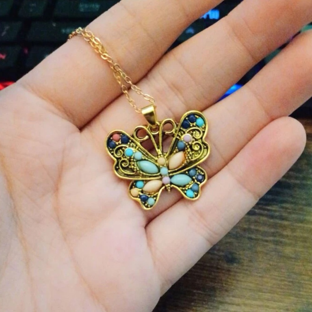 Vintage Multi-Turquoise Butterfly Gold Over Sterling Silver 4.00 ctw Necklace - Picture 9 of 12